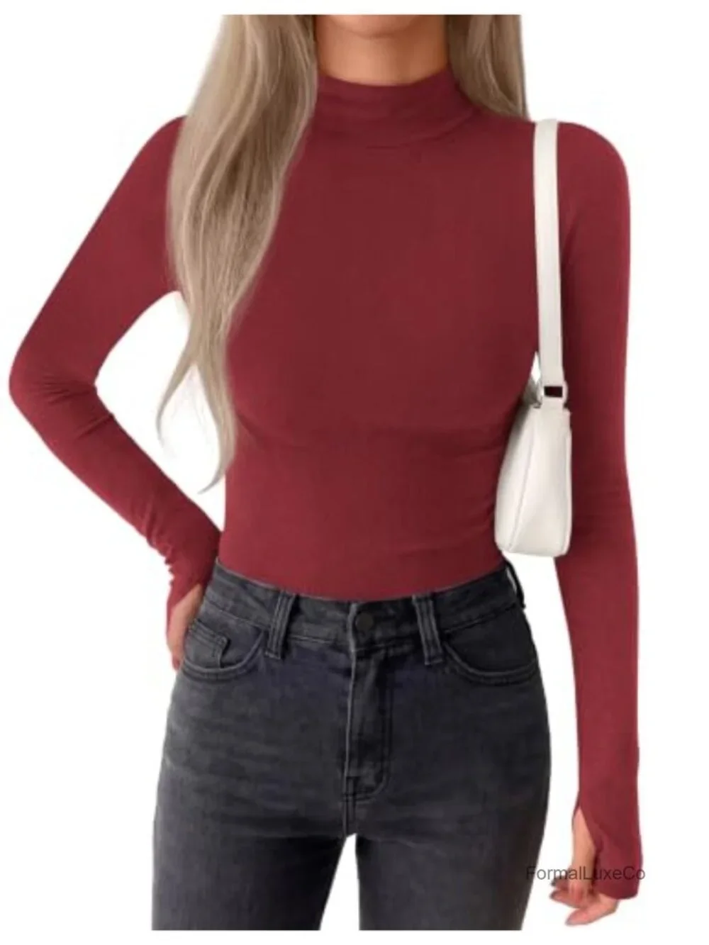 Women's Turtleneck Thumbhole Long Sleeve Top - Fleece Lined Slim Fit Thermal
